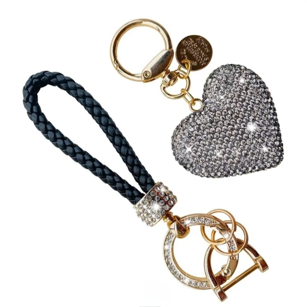 Sparkling Smoky Silver Heart Keychain with Gold And Black Accents NWT